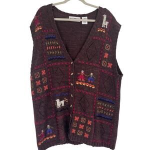 VTG Peruvian Primitive Fall Embroidered Ramie Cotton Sweater Vest Women’s 3X